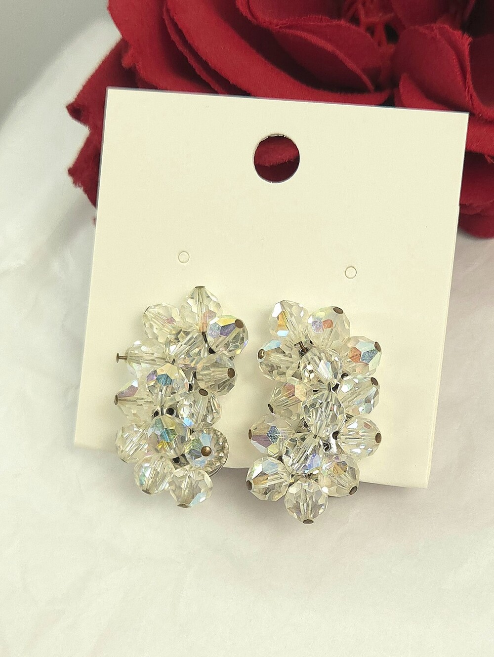 Vintage Aurora Borealis Crystal Cresent Cluster Clip on Earrings High Quality